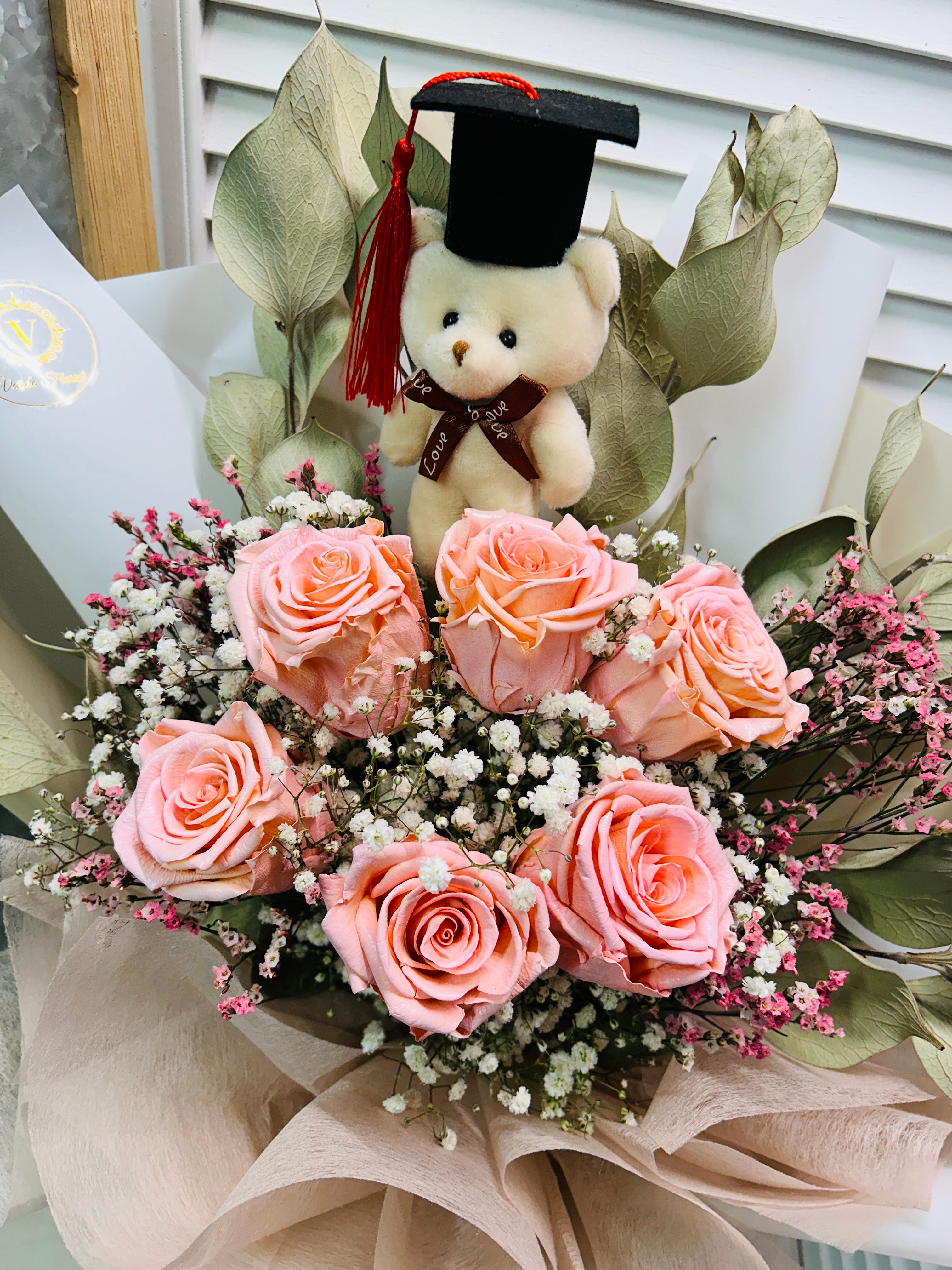 Graduation Bear Preserved Roses Bouquet My Vanda Florist