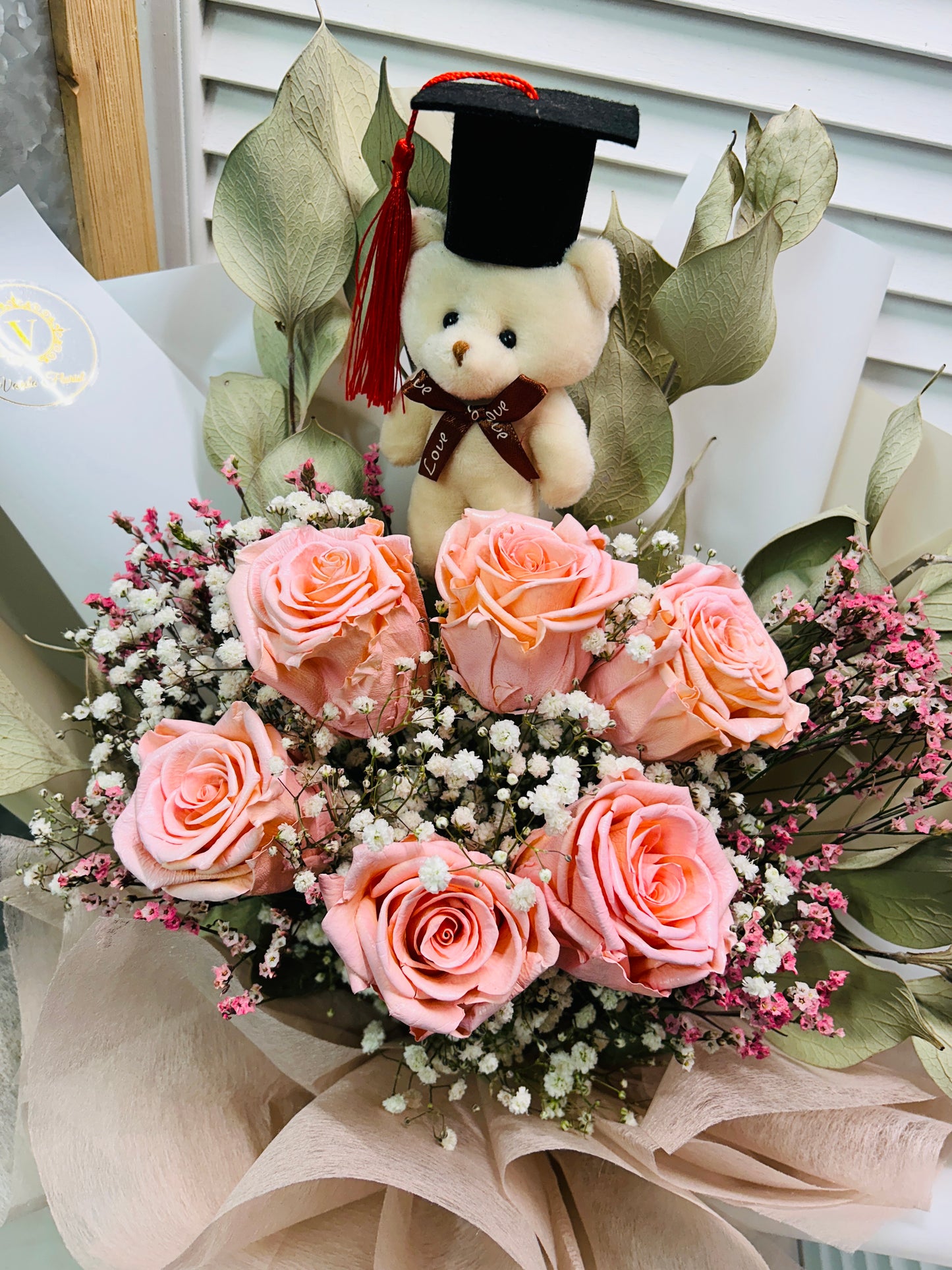 Graduation Bear Preserved Roses Bouquet