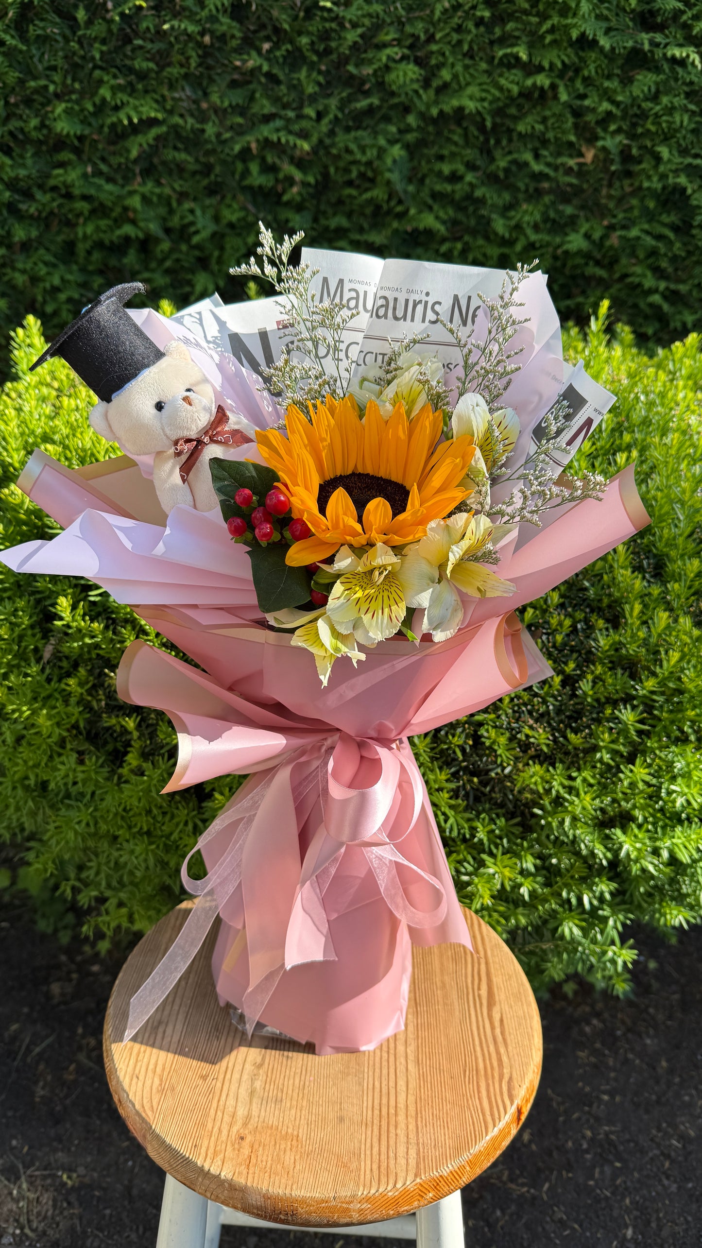 Sunflower Graduation Bouquet With Grad Bear