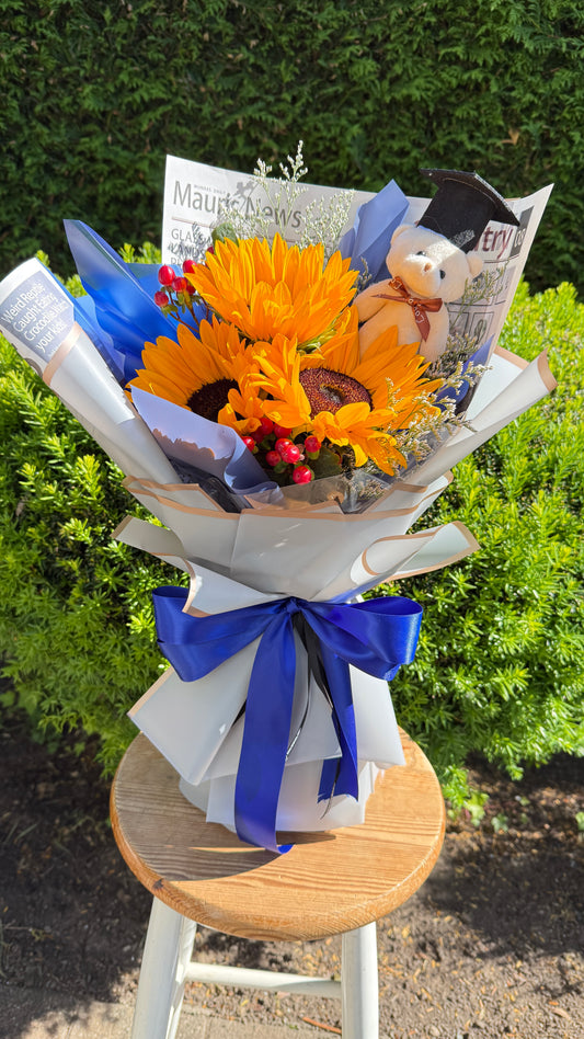 Sunflower Graduation Bouquet With Grad Bear